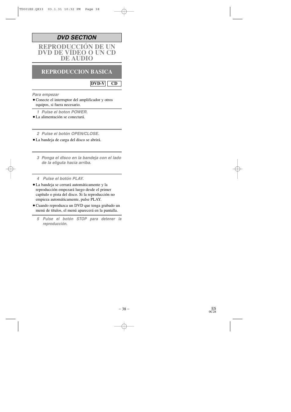 Reproducción de un dvd de vídeo o un cd de audio, Reproduccion basica | Sylvania 6509DD User Manual | Page 38 / 40