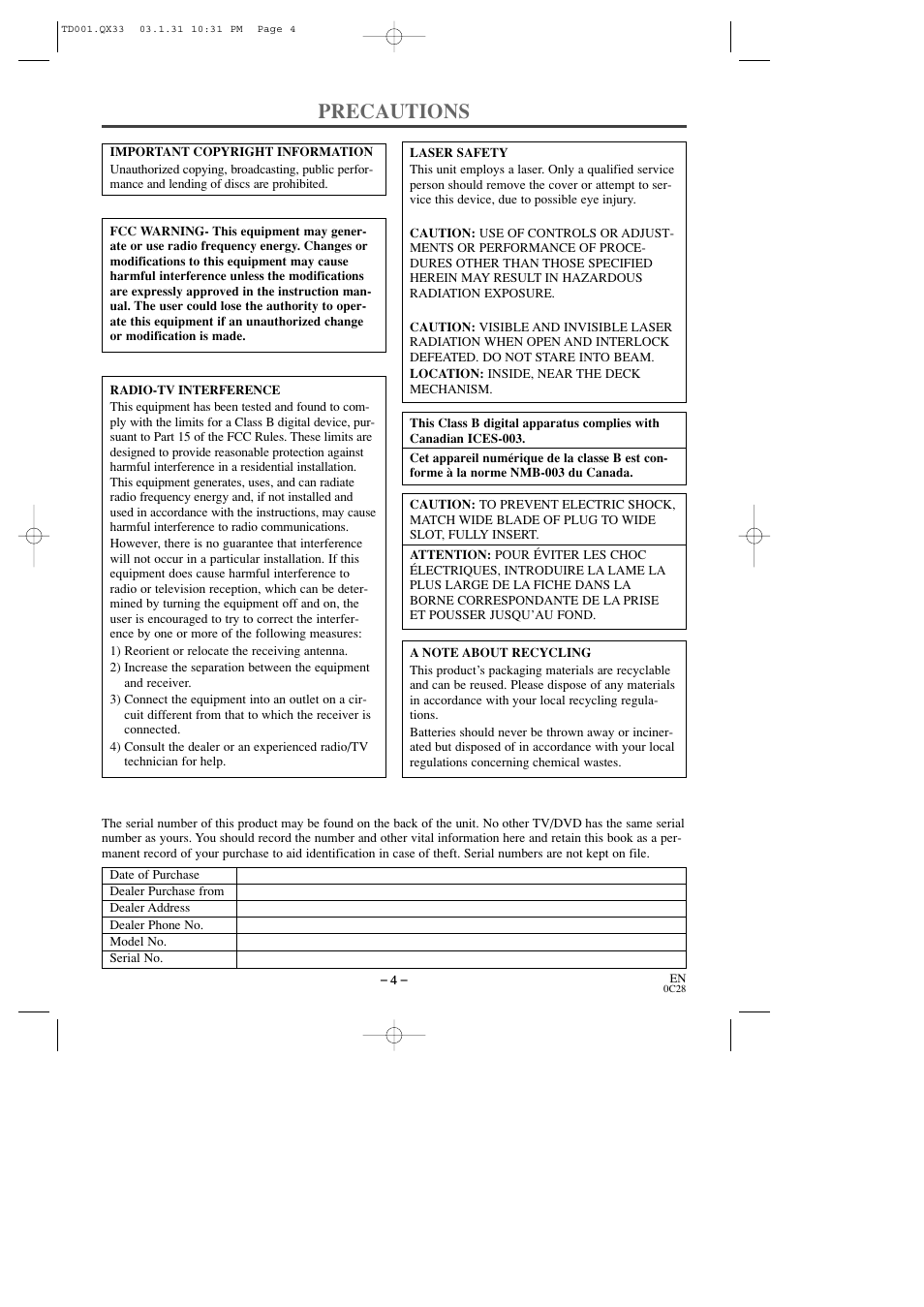 Precautions | Sylvania 6509DD User Manual | Page 4 / 40