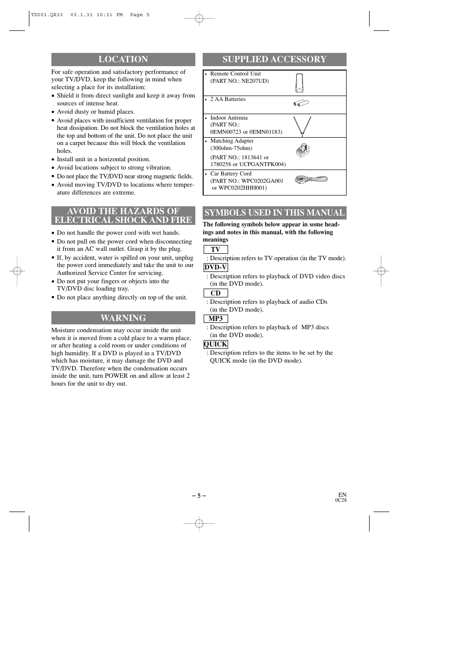 Warning, Symbols used in this manual supplied accessory | Sylvania 6509DD User Manual | Page 5 / 40