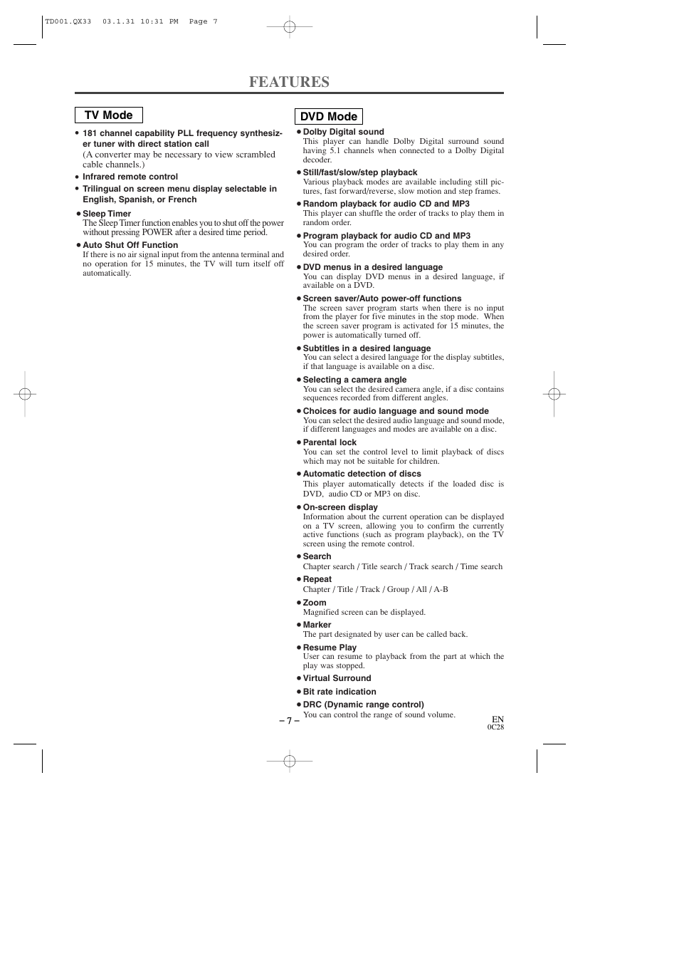 Features, Tv mode dvd mode | Sylvania 6509DD User Manual | Page 7 / 40