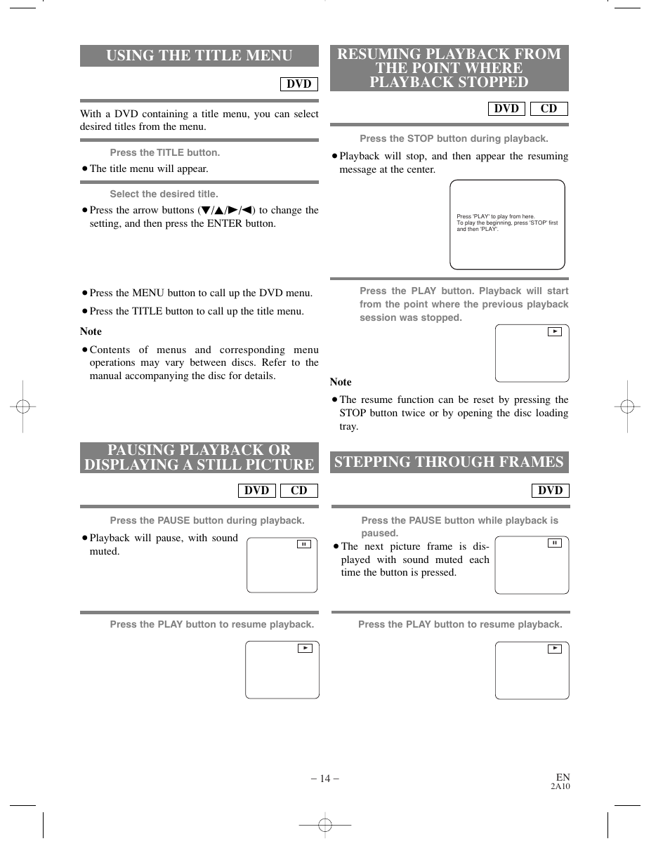 Using the title menu, Pausing playback or displaying a still picture, Stepping through frames | Sylvania DVL100CC User Manual | Page 14 / 32