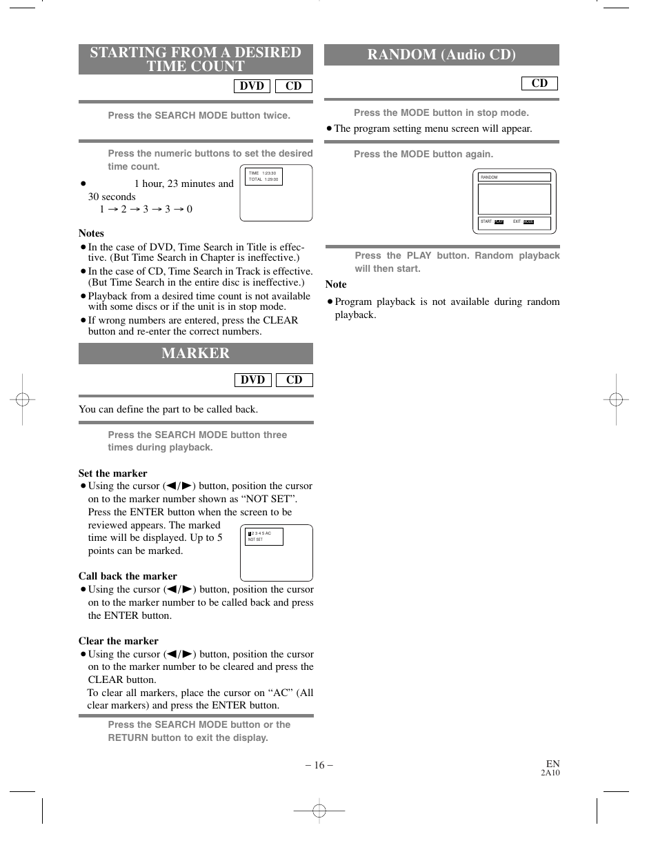 Starting from a desired time count, Marker, Random (audio cd) | Sylvania DVL100CC User Manual | Page 16 / 32