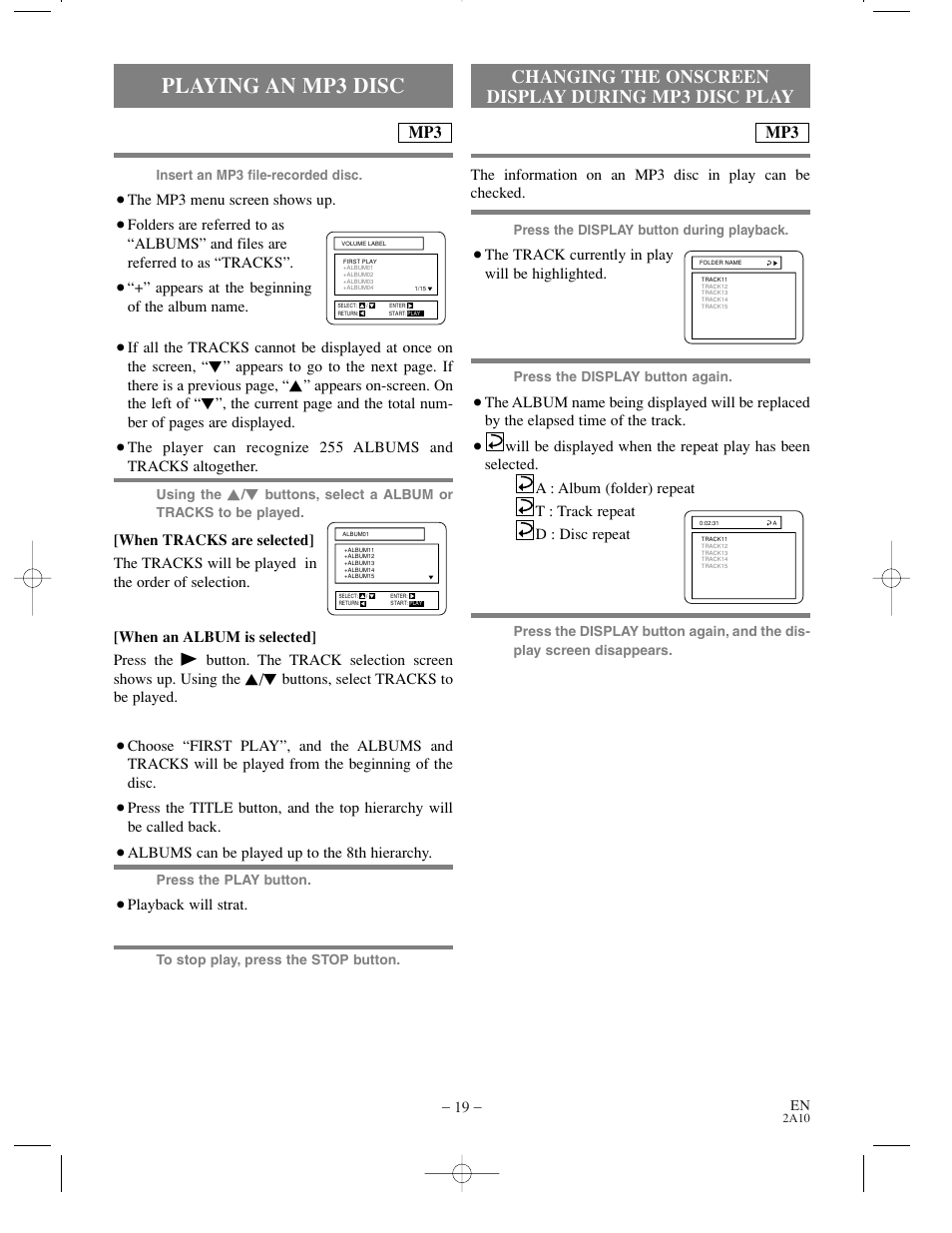 Playing an mp3 disc, Changing the onscreen display during mp3 disc play | Sylvania DVL100CC User Manual | Page 19 / 32