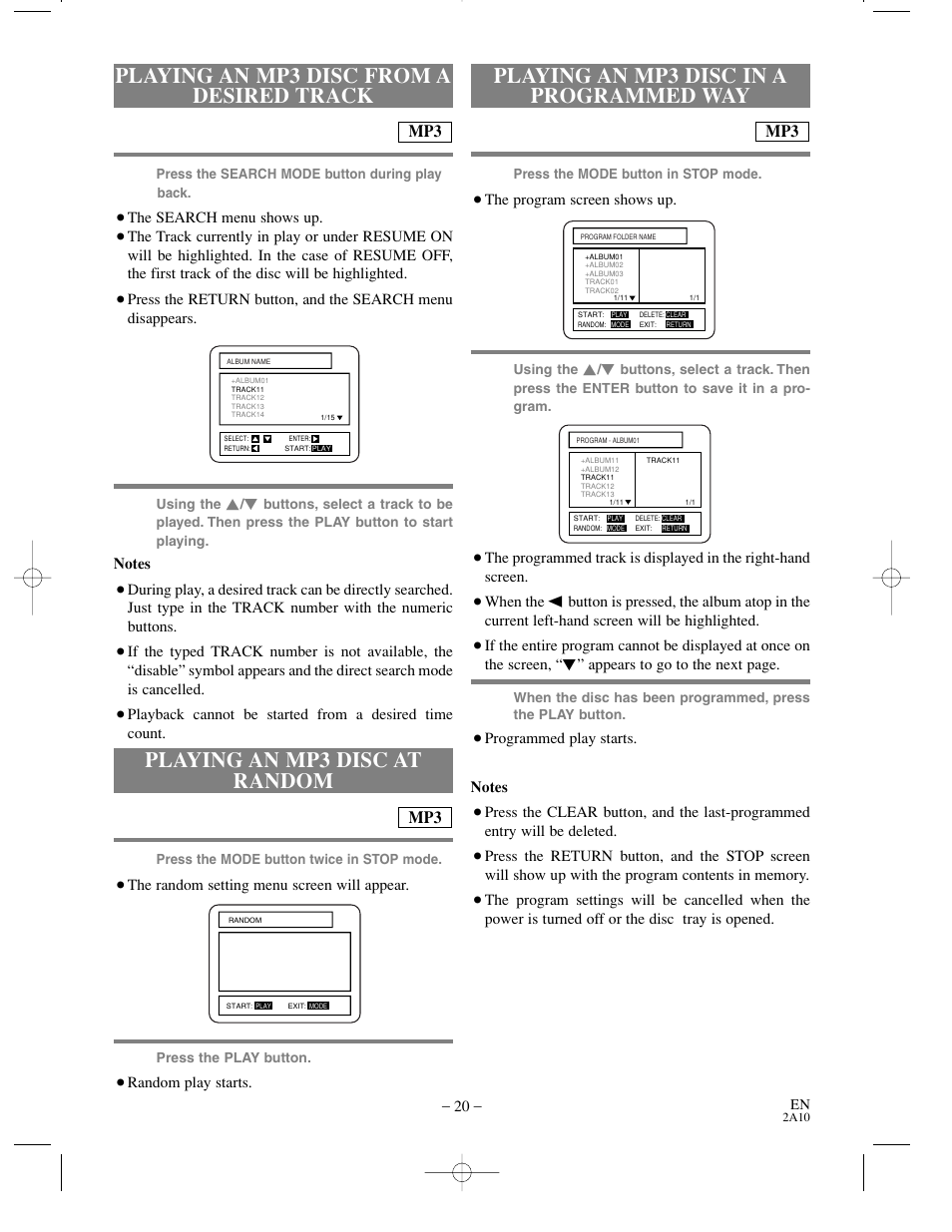 Playing an mp3 disc at random, Playing an mp3 disc in a programmed way, Playing an mp3 disc from a desired track | Sylvania DVL100CC User Manual | Page 20 / 32