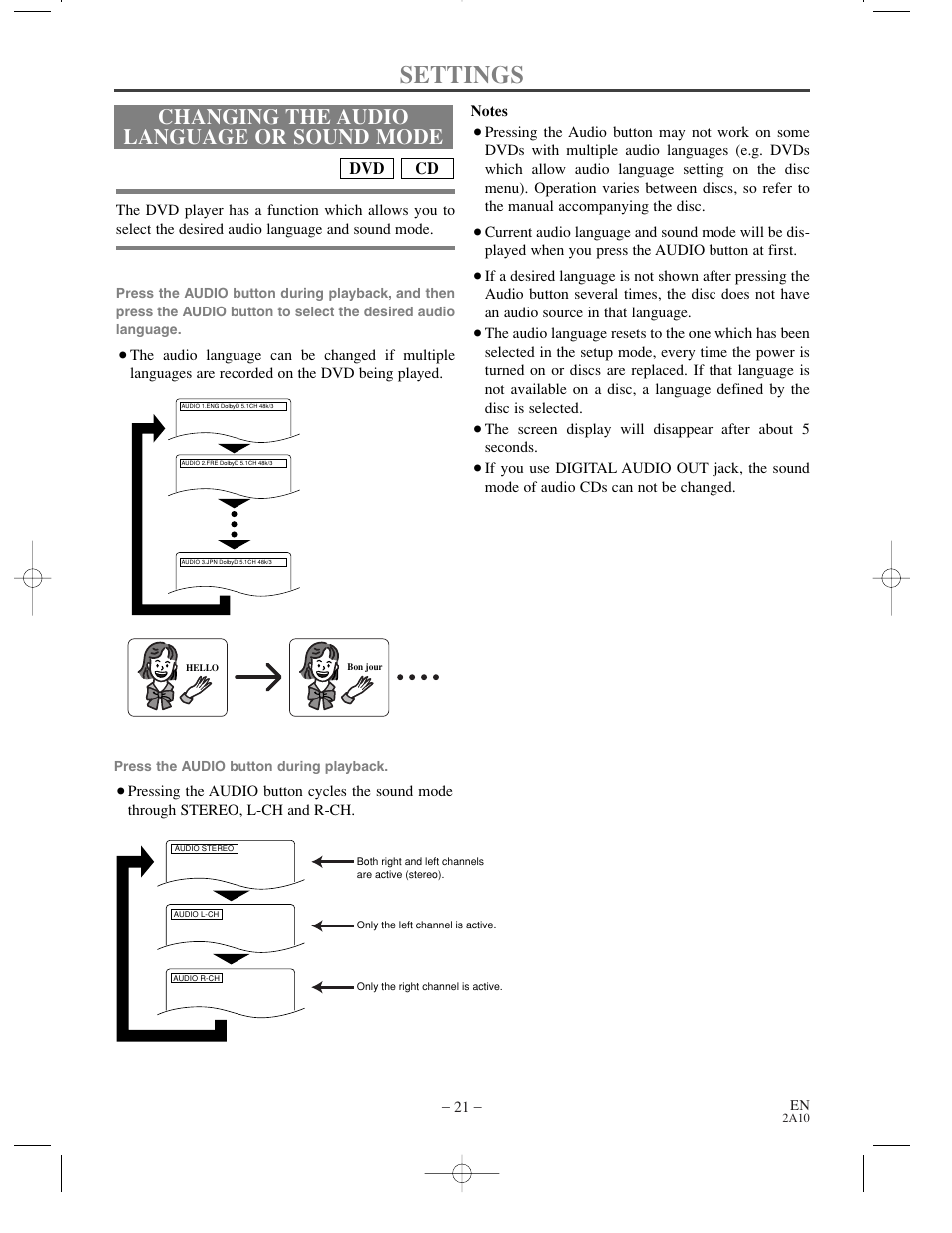 Settings, Changing the audio language or sound mode, For dvds | For audio cds, Cd dvd | Sylvania DVL100CC User Manual | Page 21 / 32