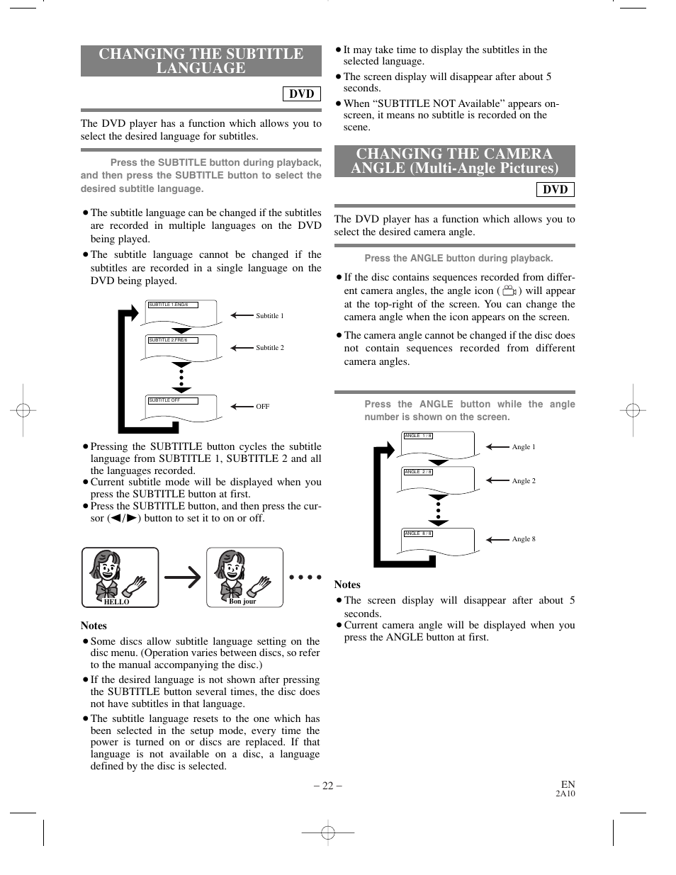 Changing the camera angle (multi-angle pictures), Changing the subtitle language | Sylvania DVL100CC User Manual | Page 22 / 32