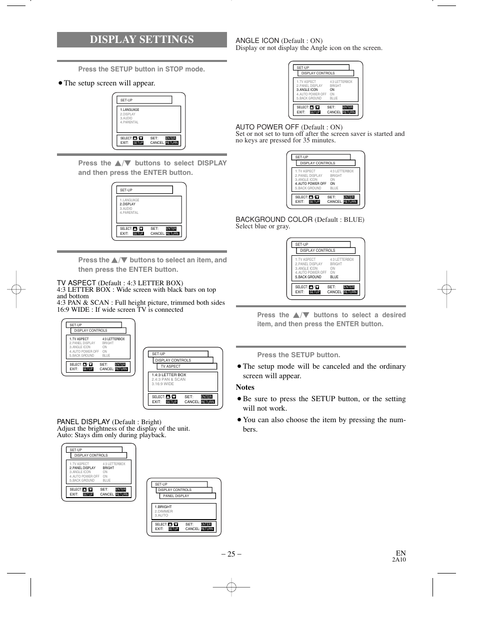 Display settings, The setup screen will appear, Press the | Press the setup button, Press the setup button in stop mode | Sylvania DVL100CC User Manual | Page 25 / 32