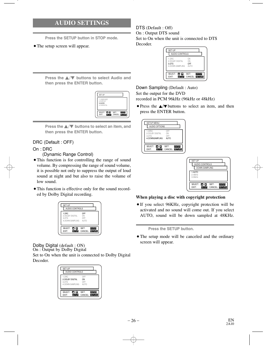 Audio settings, The setup screen will appear, Press the setup button in stop mode | Press the, Press the setup button | Sylvania DVL100CC User Manual | Page 26 / 32