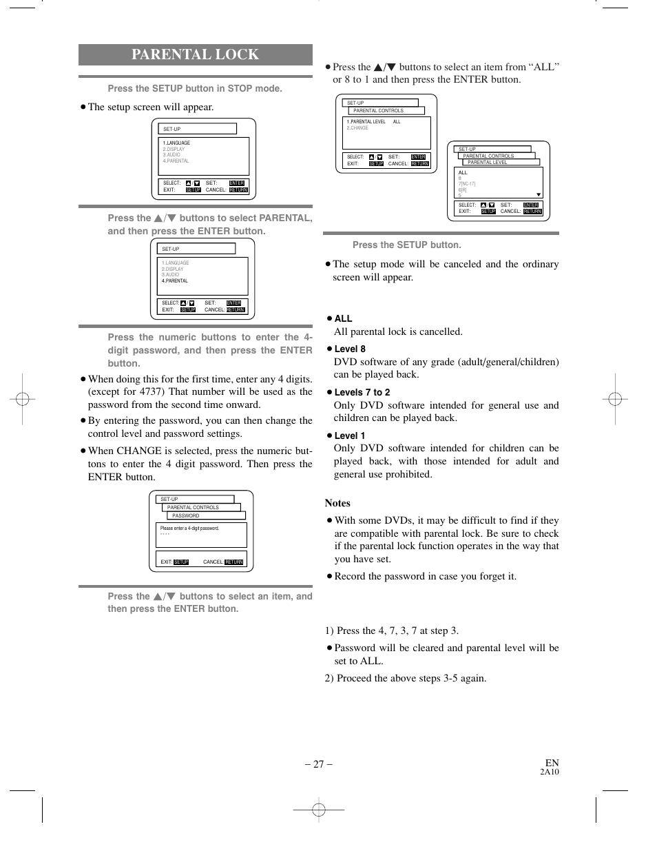 Parental lock, When parental level is selected, Control levels | If you forget the password, Press the, All parental lock is cancelled, Record the password in case you forget it, The setup screen will appear | Sylvania DVL100CC User Manual | Page 27 / 32