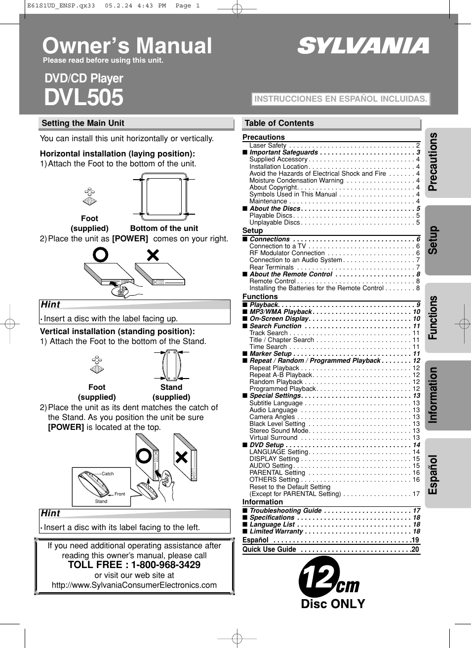 Sylvania DVL505 User Manual | 20 pages
