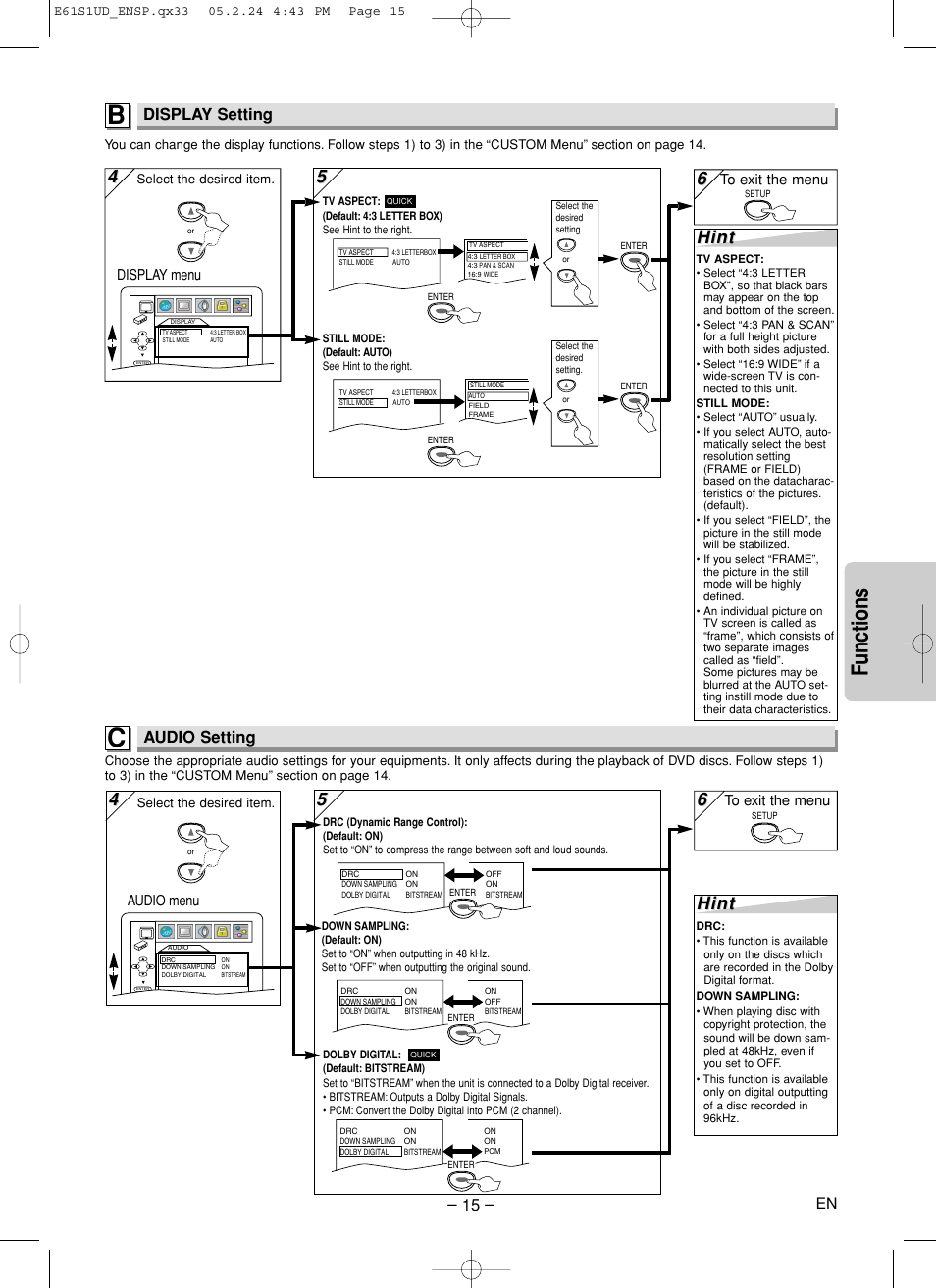 Functions, Hint, Display setting | Audio setting, Display menu, Audio menu | Sylvania DVL505 User Manual | Page 15 / 20