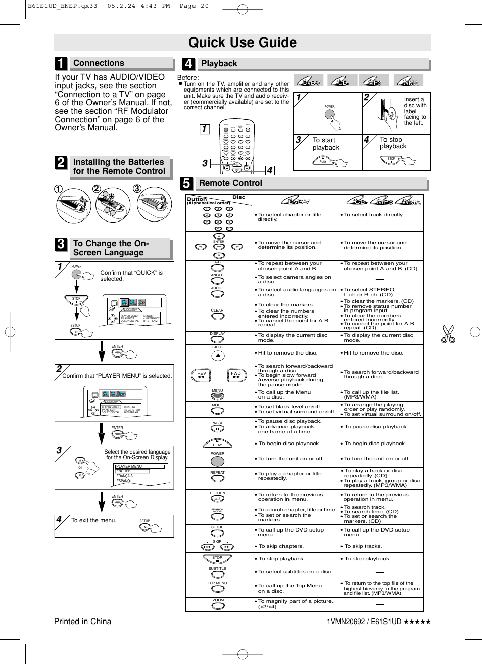 Quick use guide, Connections, Playback | Remote control, Installing the batteries for the remote control, Printed in china, Before | Sylvania DVL505 User Manual | Page 20 / 20