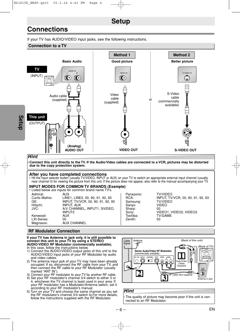 Connections, Setup, Hint | Connection to a tv, After you have completed connections, Rf modulator connection | Sylvania DVL505 User Manual | Page 6 / 20