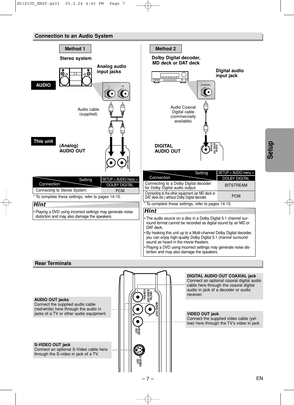 Setup, Hint, Rear terminals connection to an audio system | Sylvania DVL505 User Manual | Page 7 / 20