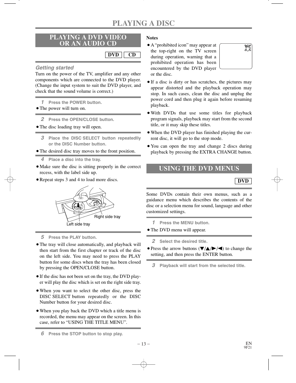 Playing a disc, Playing a dvd video or an audio cd, Using the dvd menus | Sylvania DVL500B User Manual | Page 13 / 32