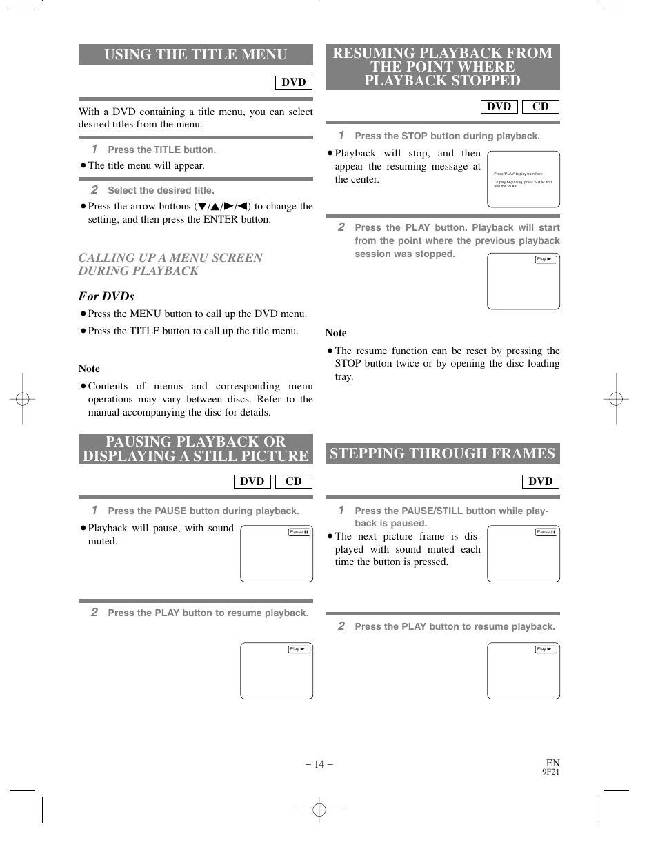 Using the title menu, Pausing playback or displaying a still picture, Stepping through frames | Sylvania DVL500B User Manual | Page 14 / 32