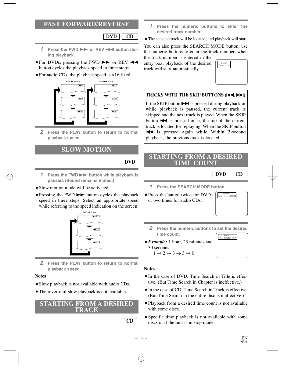 Fast forward/reverse, Slow motion, Starting from a desired track | Starting from a desired time count, Cd dvd 1, Cd dvd | Sylvania DVL500B User Manual | Page 15 / 32
