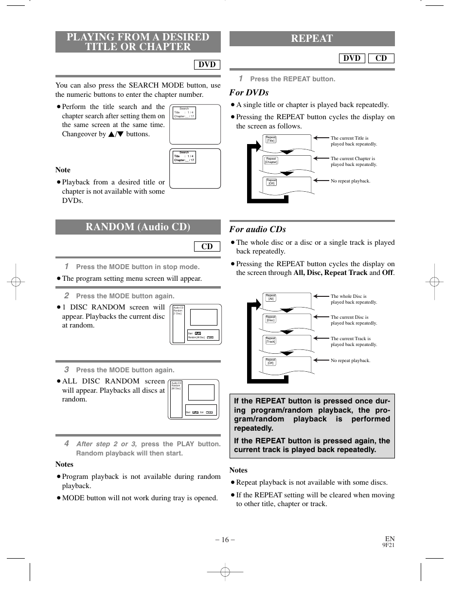 Playing from a desired title or chapter, Random (audio cd), Repeat | For dvds, For audio cds, Cd dvd | Sylvania DVL500B User Manual | Page 16 / 32