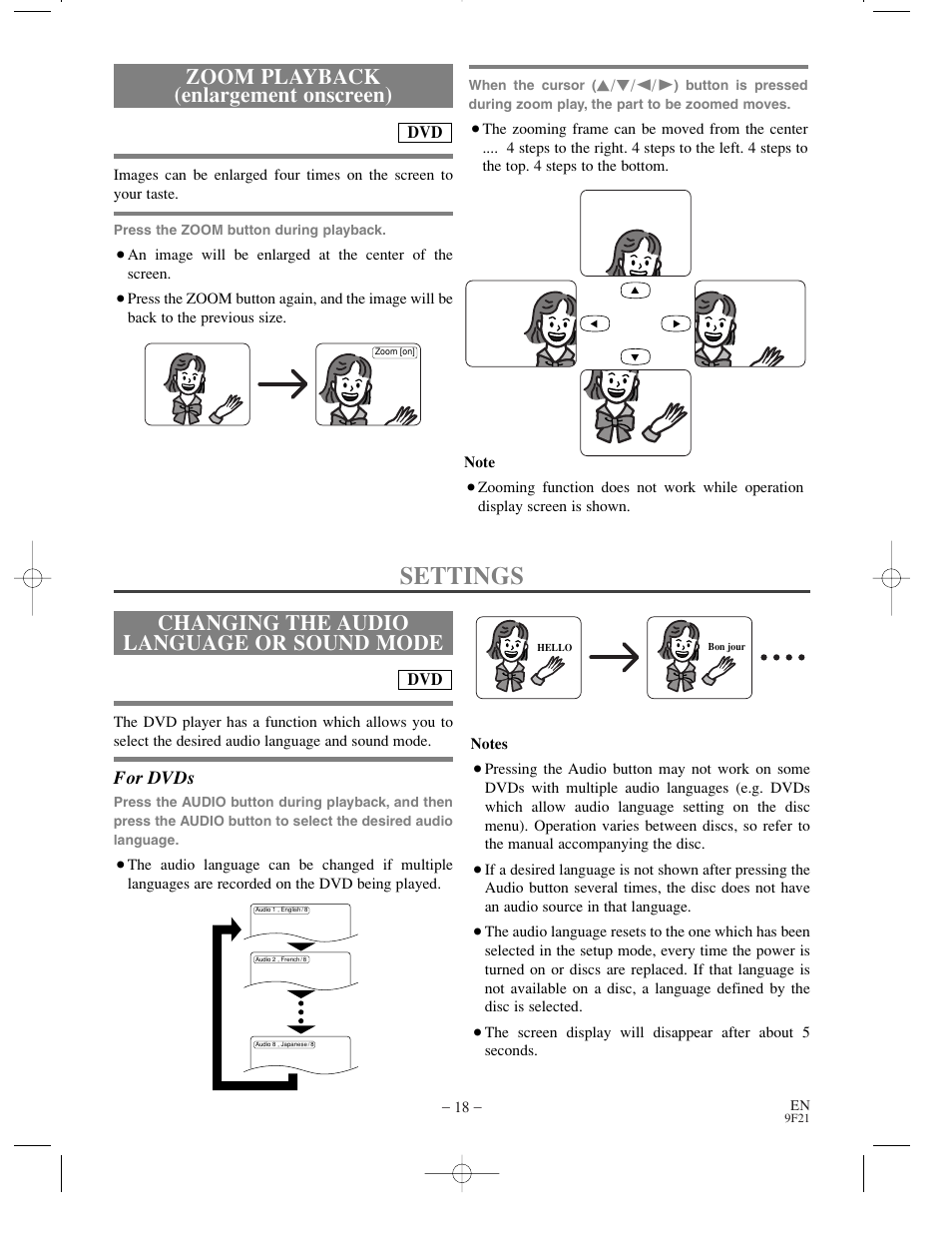 Settings, Zoom playback (enlargement onscreen), Changing the audio language or sound mode | Sylvania DVL500B User Manual | Page 18 / 32