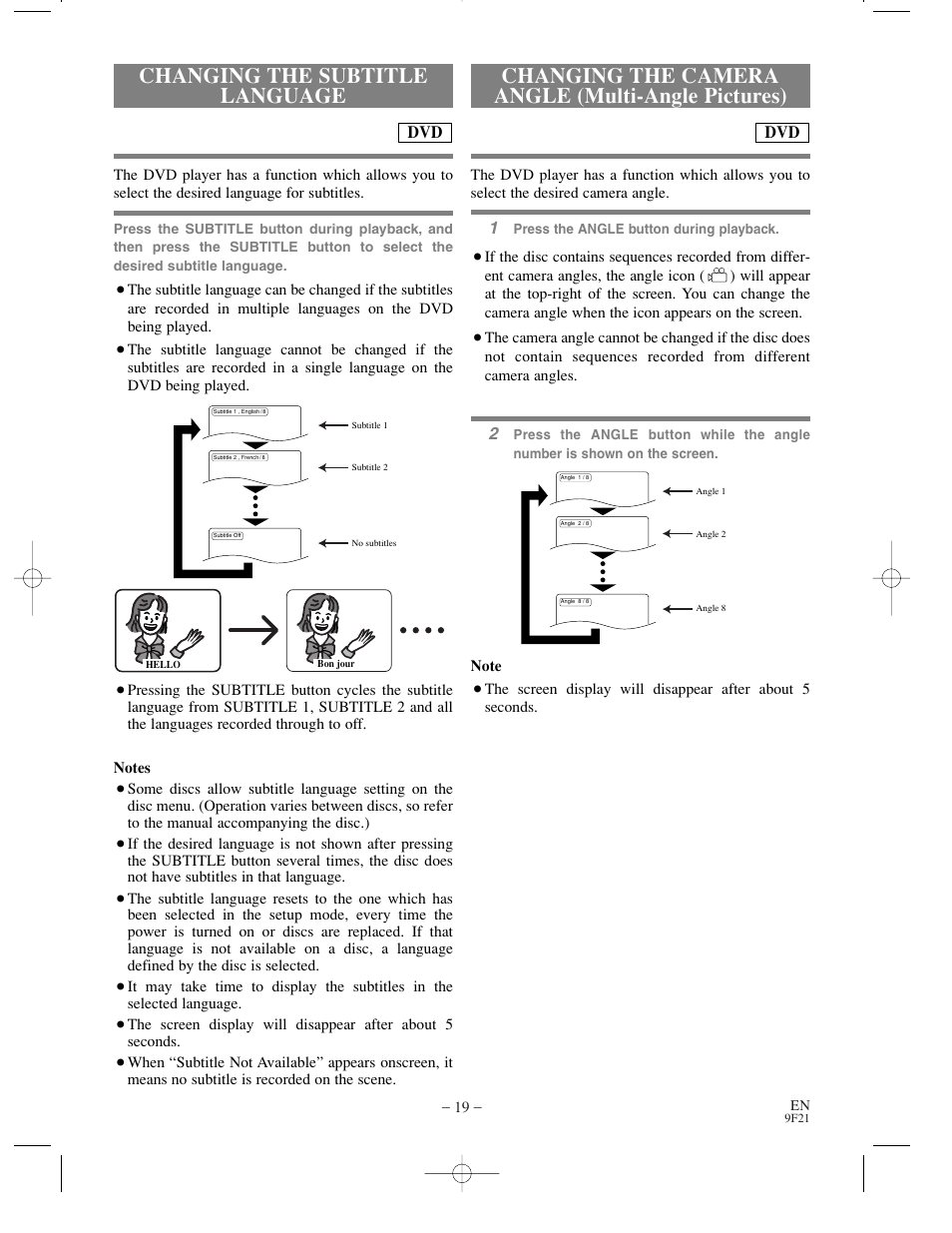 Changing the subtitle language, Changing the camera angle (multi-angle pictures) | Sylvania DVL500B User Manual | Page 19 / 32