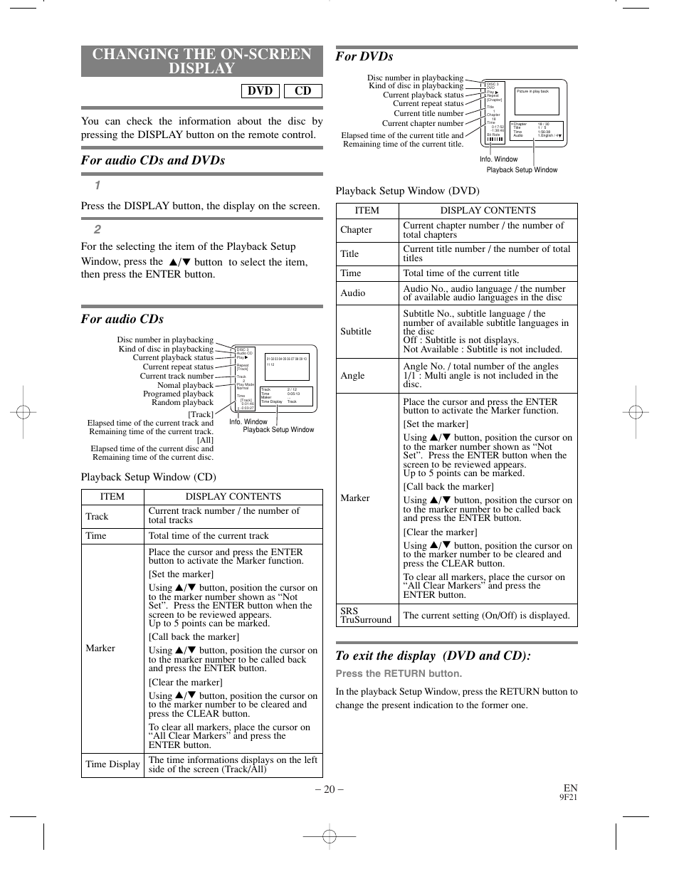 Changing the on-screen display, For dvds, For audio cds and dvds | For audio cds, Cd dvd | Sylvania DVL500B User Manual | Page 20 / 32