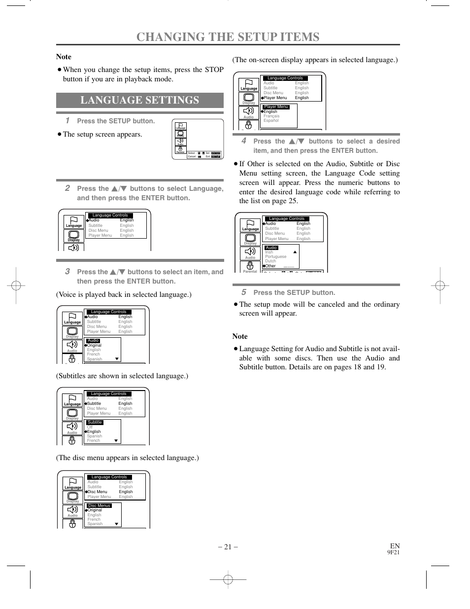 Changing the setup items, Language settings, The setup screen appears | Press the setup button, Press the | Sylvania DVL500B User Manual | Page 21 / 32