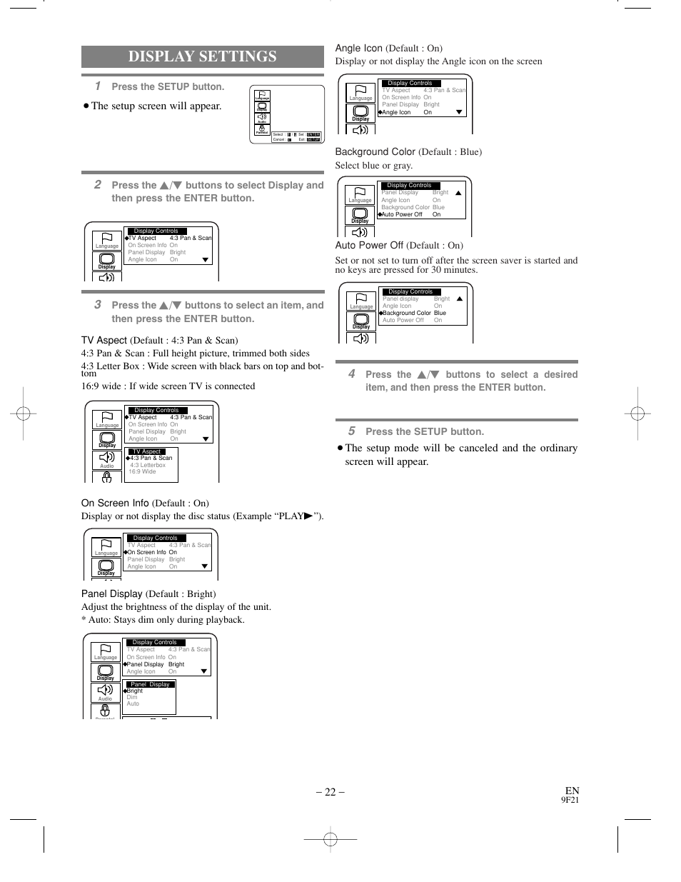 Display settings, The setup screen will appear, Press the | Press the setup button | Sylvania DVL500B User Manual | Page 22 / 32