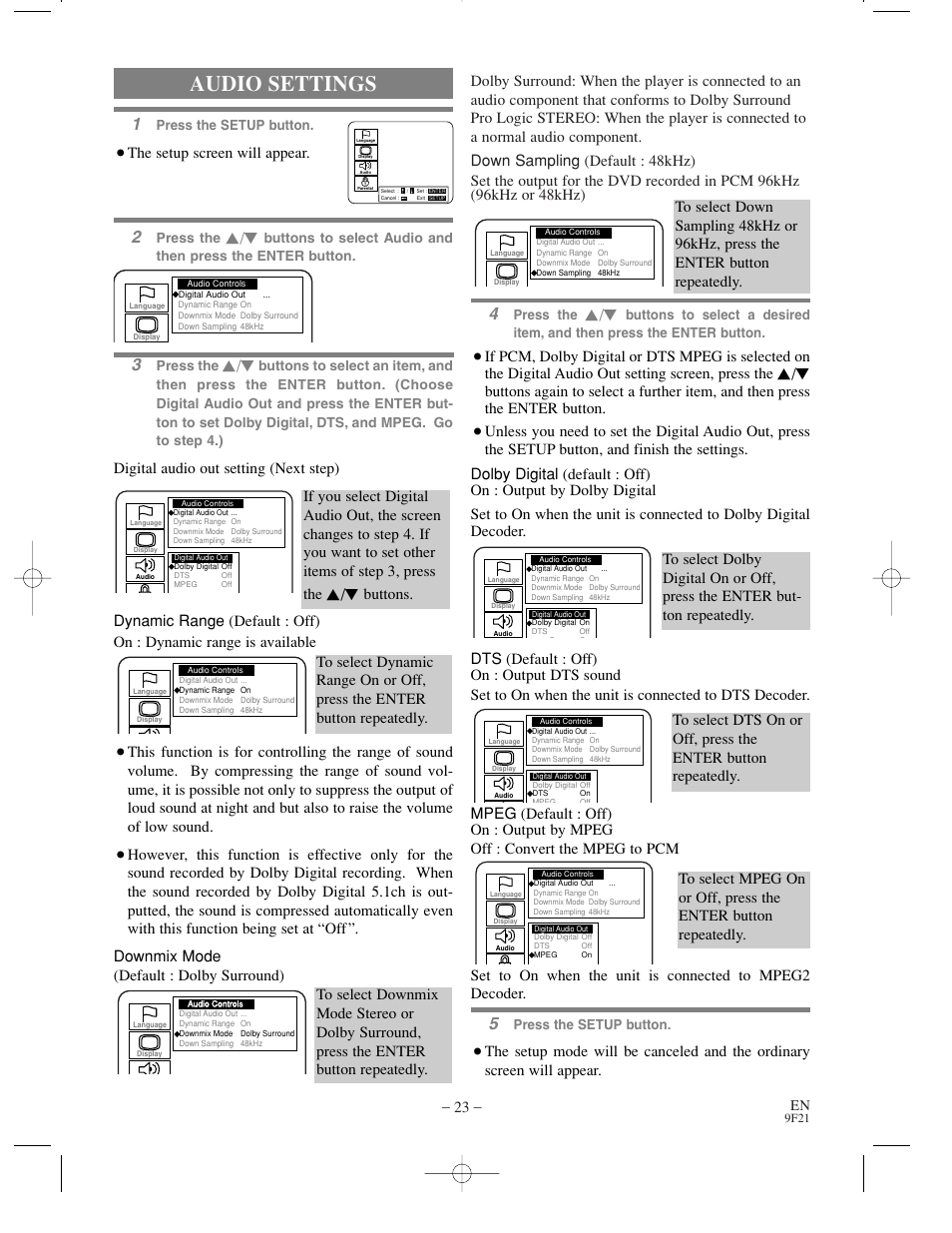 Audio settings, The setup screen will appear | Sylvania DVL500B User Manual | Page 23 / 32