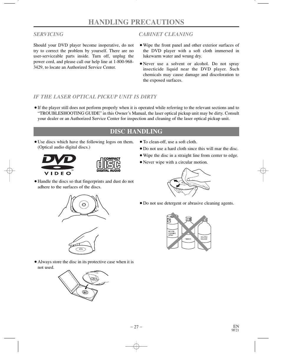 Handling precautions, Disc handling | Sylvania DVL500B User Manual | Page 27 / 32