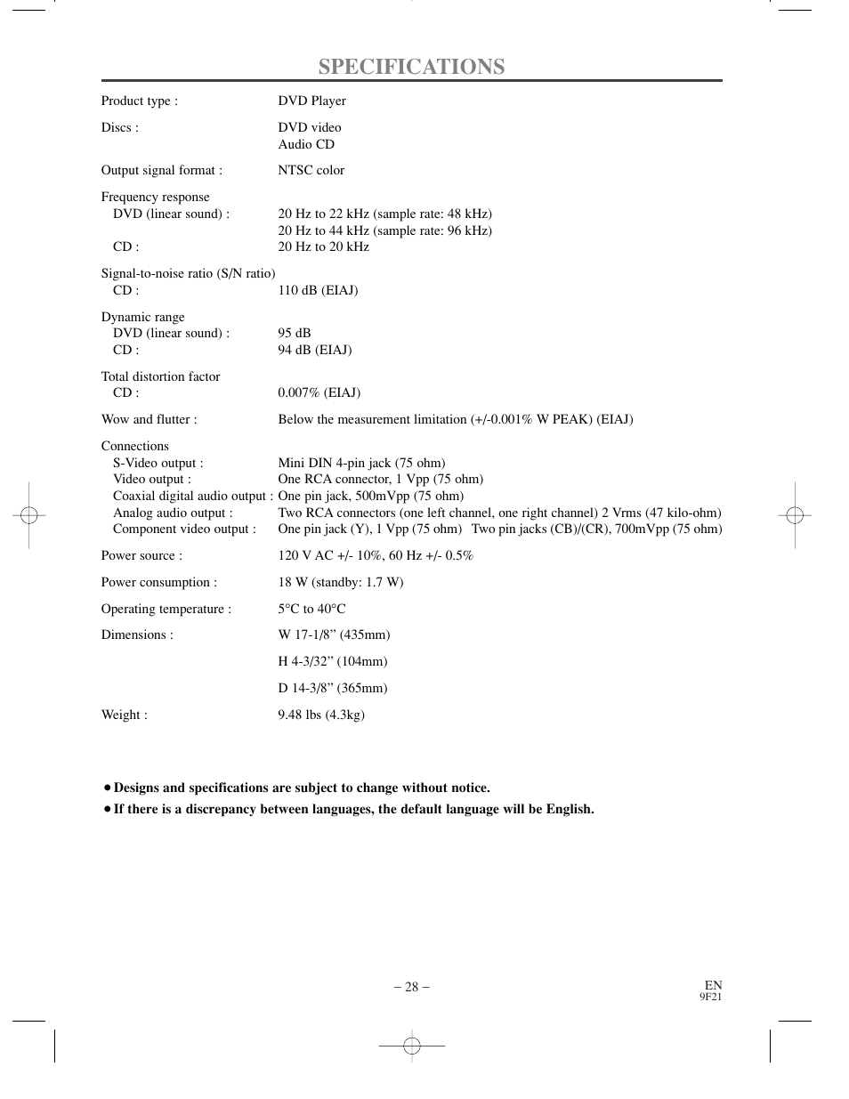 Specifications | Sylvania DVL500B User Manual | Page 28 / 32