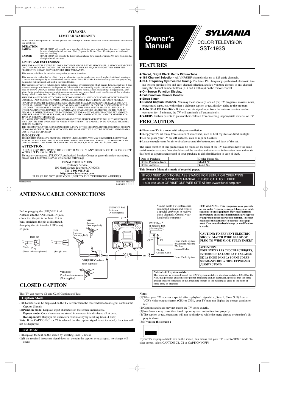 Sylvania SST4193S User Manual | 4 pages