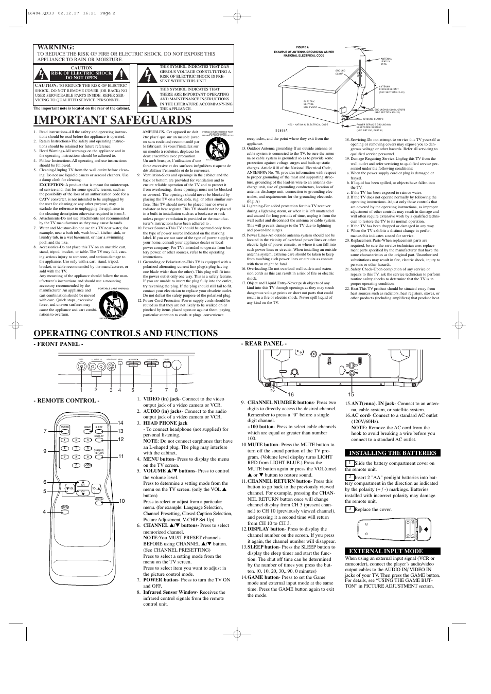 Important safeguards, Operating controls and functions, Warning | Front panel - - rear panel, Installing the batteries, External input mode, Remote control | Sylvania SST4193S User Manual | Page 2 / 4