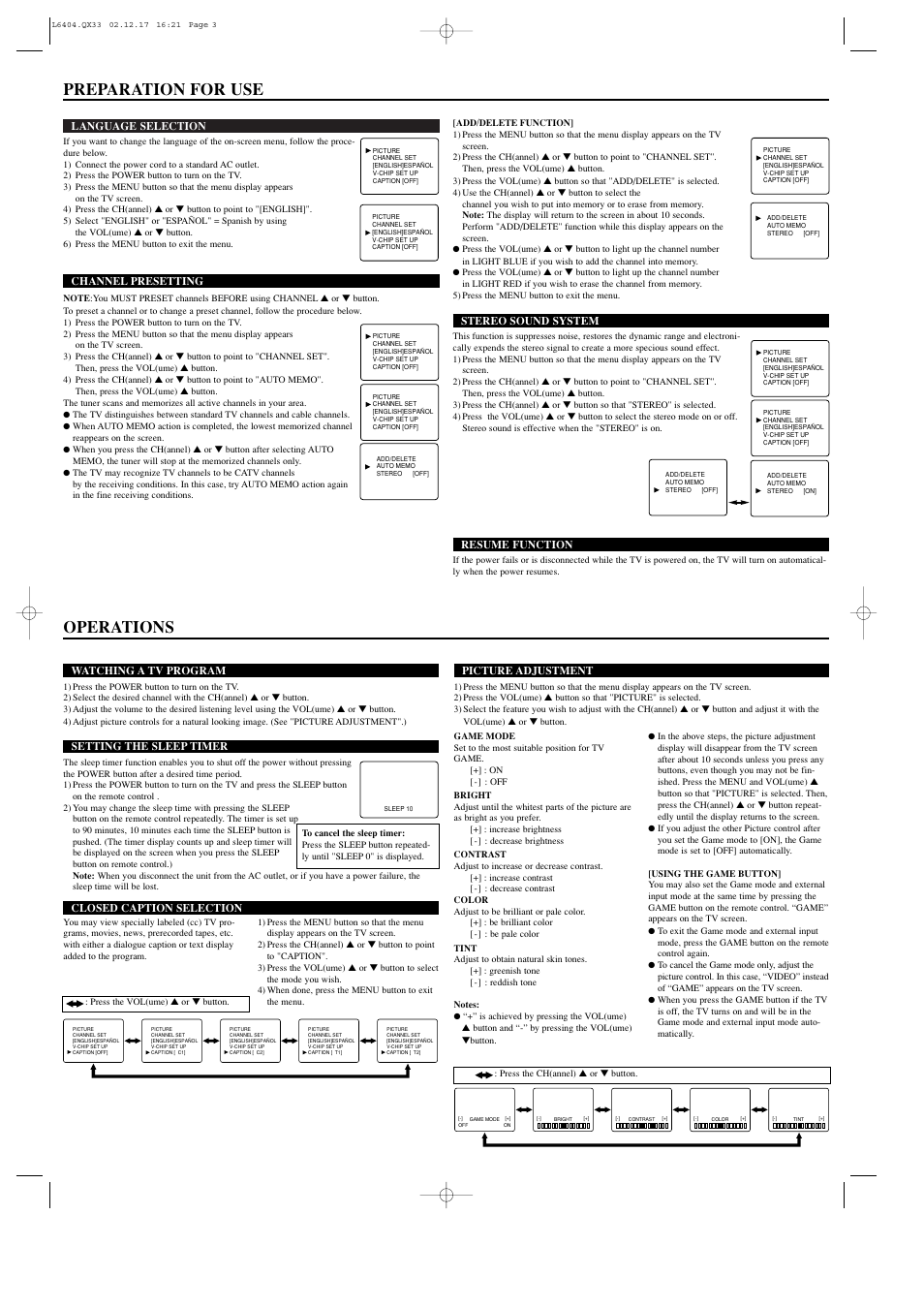 Preparation for use, Operations | Sylvania SST4193S User Manual | Page 3 / 4