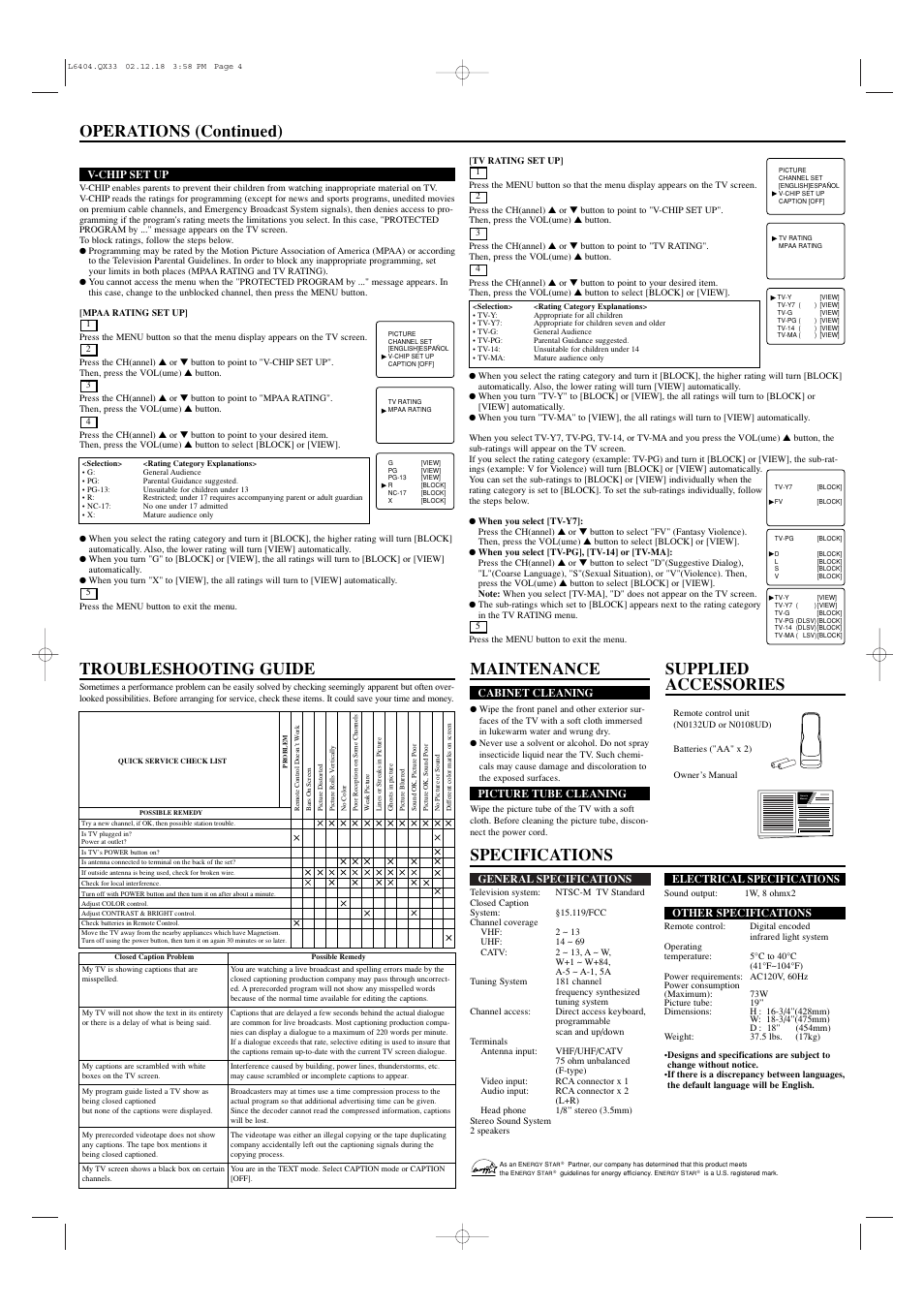 Specifications operations (continued), Maintenance, Supplied accessories troubleshooting guide | Sylvania SST4193S User Manual | Page 4 / 4