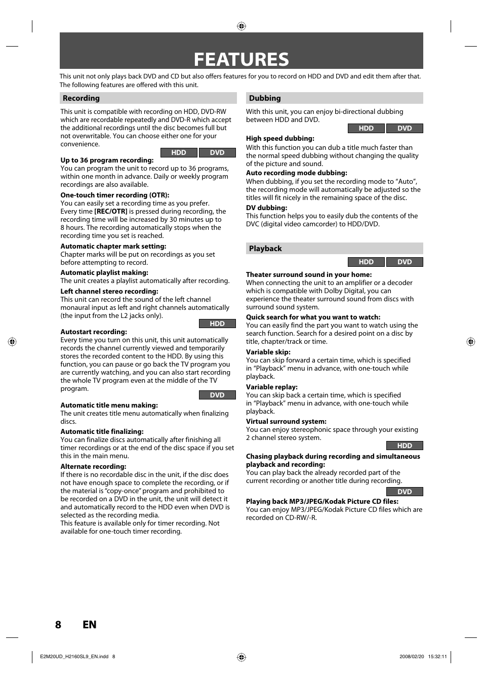 Features, 8en 8 en | Sylvania H2160SL9 User Manual | Page 10 / 120