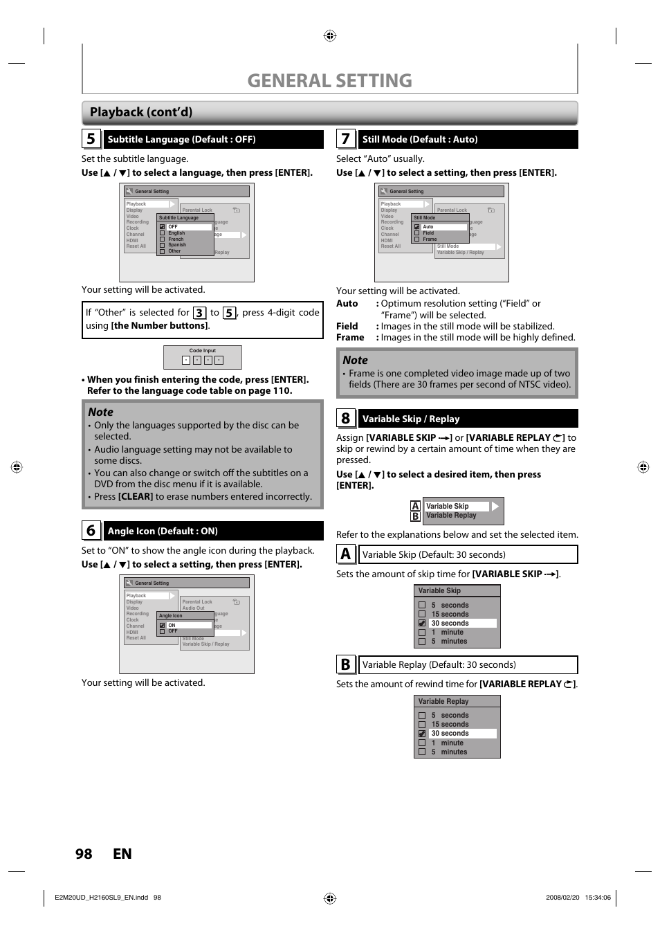 General setting, 98 en 98 en, Playback (cont’d) | Sylvania H2160SL9 User Manual | Page 100 / 120