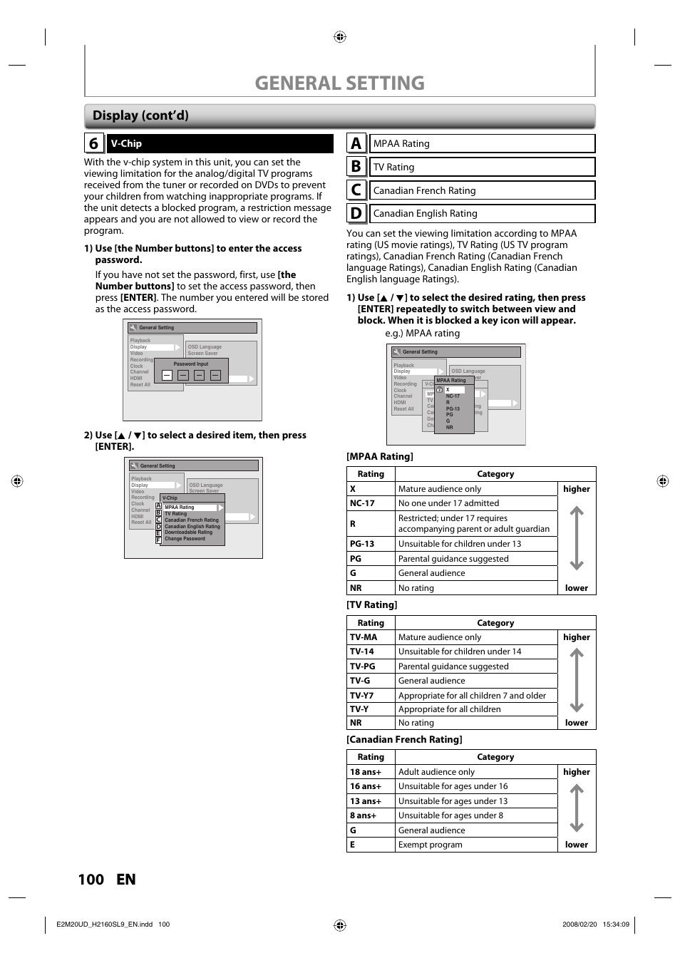 General setting, 100 en, Display (cont’d) | Sylvania H2160SL9 User Manual | Page 102 / 120