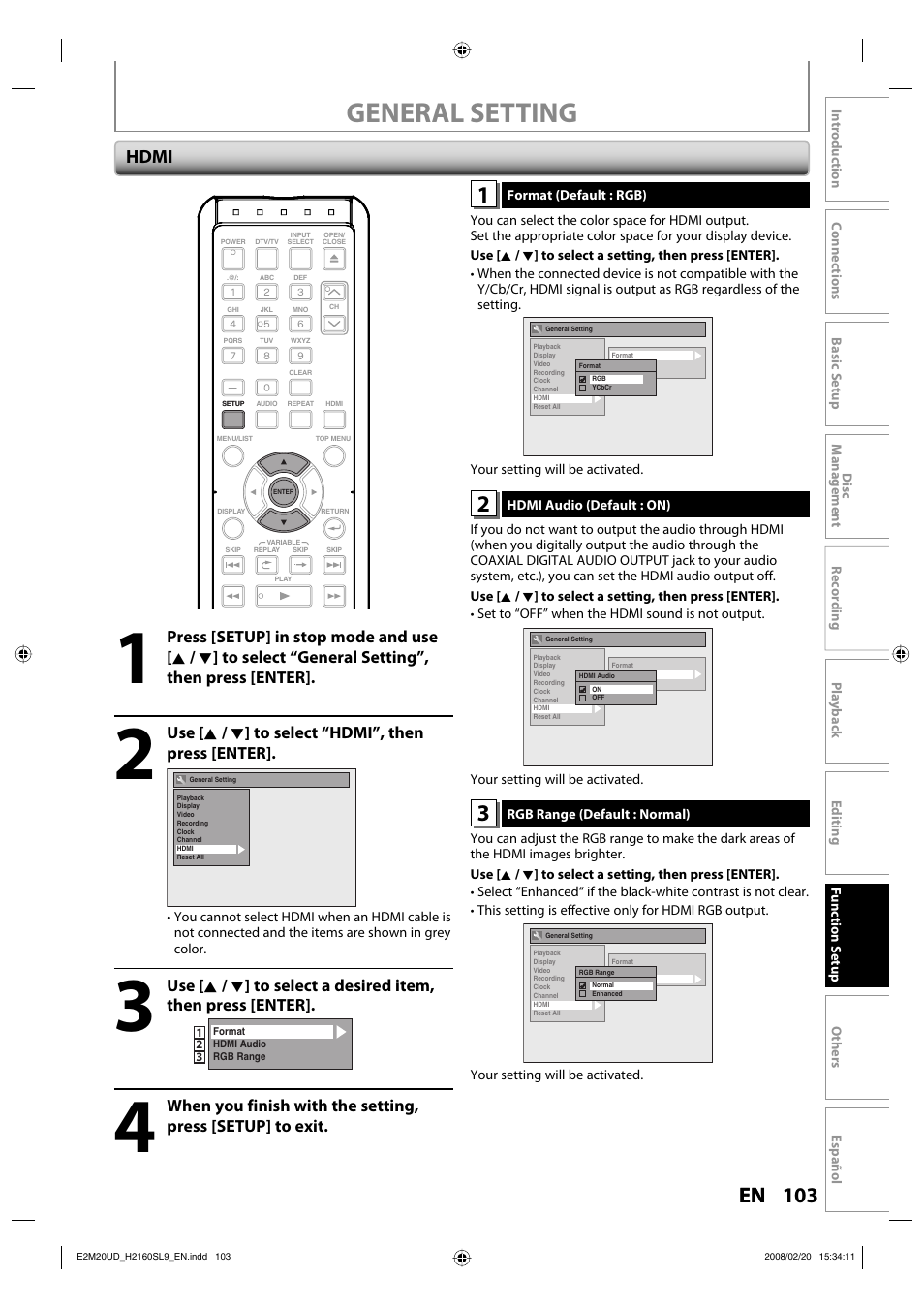 General setting, Hdmi | Sylvania H2160SL9 User Manual | Page 105 / 120