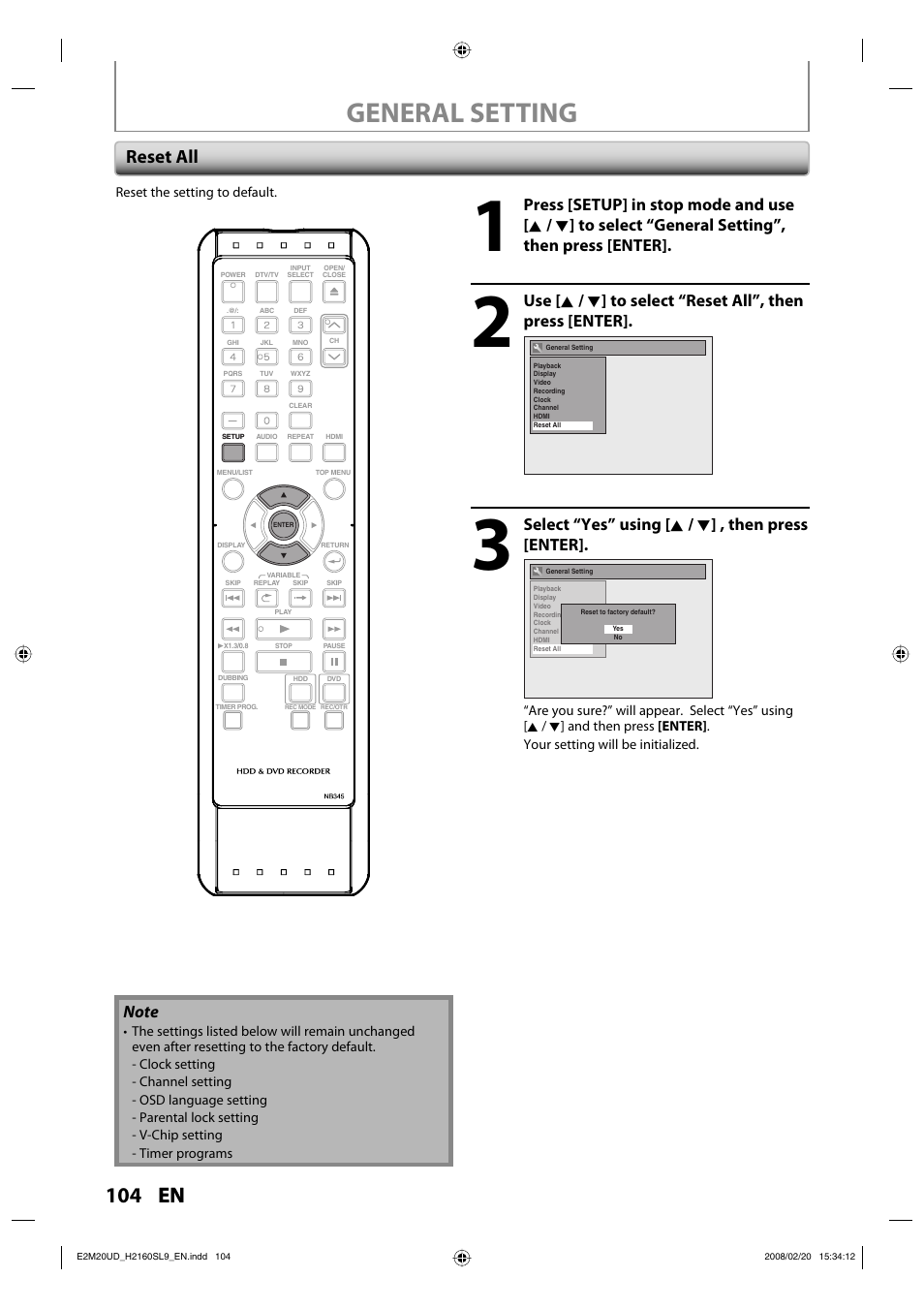 General setting, 104 en, Reset all | Select “yes” using [ k / l ] , then press [enter | Sylvania H2160SL9 User Manual | Page 106 / 120