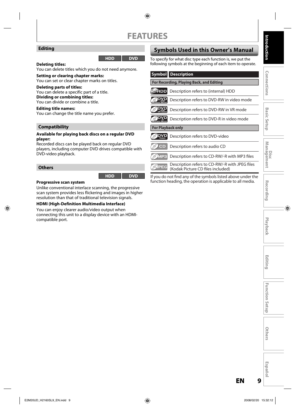 Features, 9en 9 en, Symbols used in this owner’s manual | Sylvania H2160SL9 User Manual | Page 11 / 120