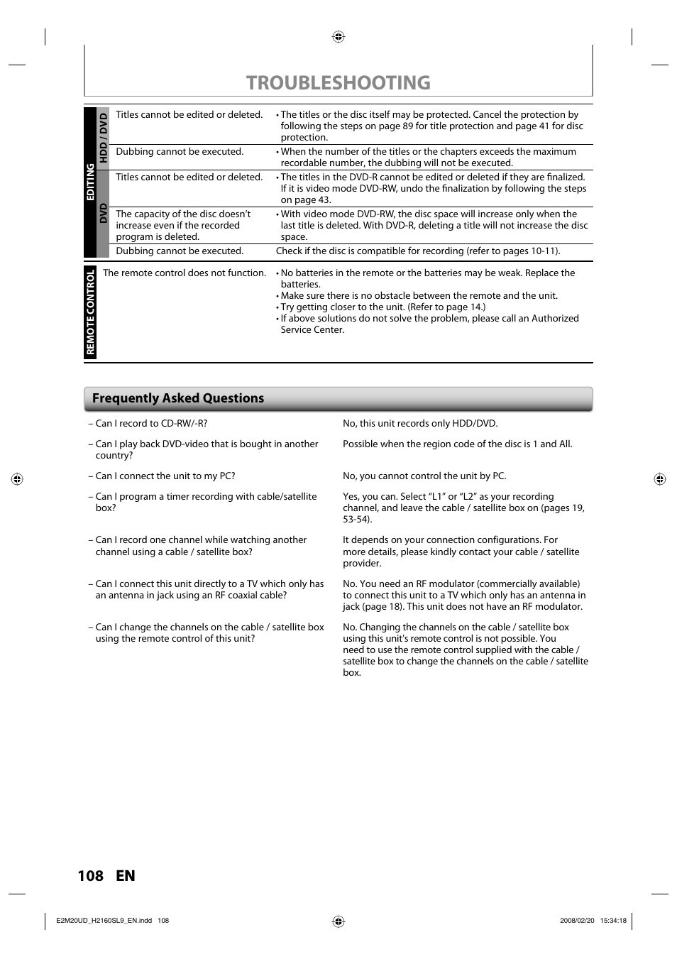 Troubleshooting, 108 en, Frequently asked questions | Sylvania H2160SL9 User Manual | Page 110 / 120