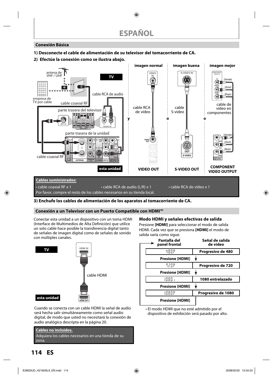 Español, 114 es, Modo hdmi y señales efectivas de salida | Parte trasera de la unidad, Cable coaxial rf, Parte trasera del televisor cable rca de audio, Tv esta unidad imagen normal video out, Cable hdmi cable de vídeo en componentes | Sylvania H2160SL9 User Manual | Page 116 / 120