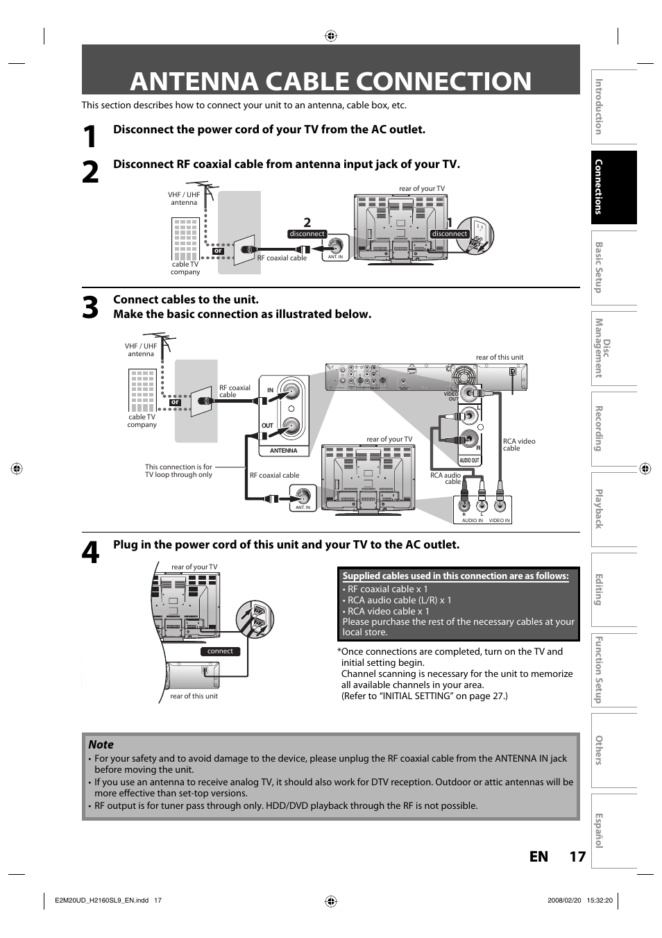 Antenna cable connection, 17 en 17 en | Sylvania H2160SL9 User Manual | Page 19 / 120