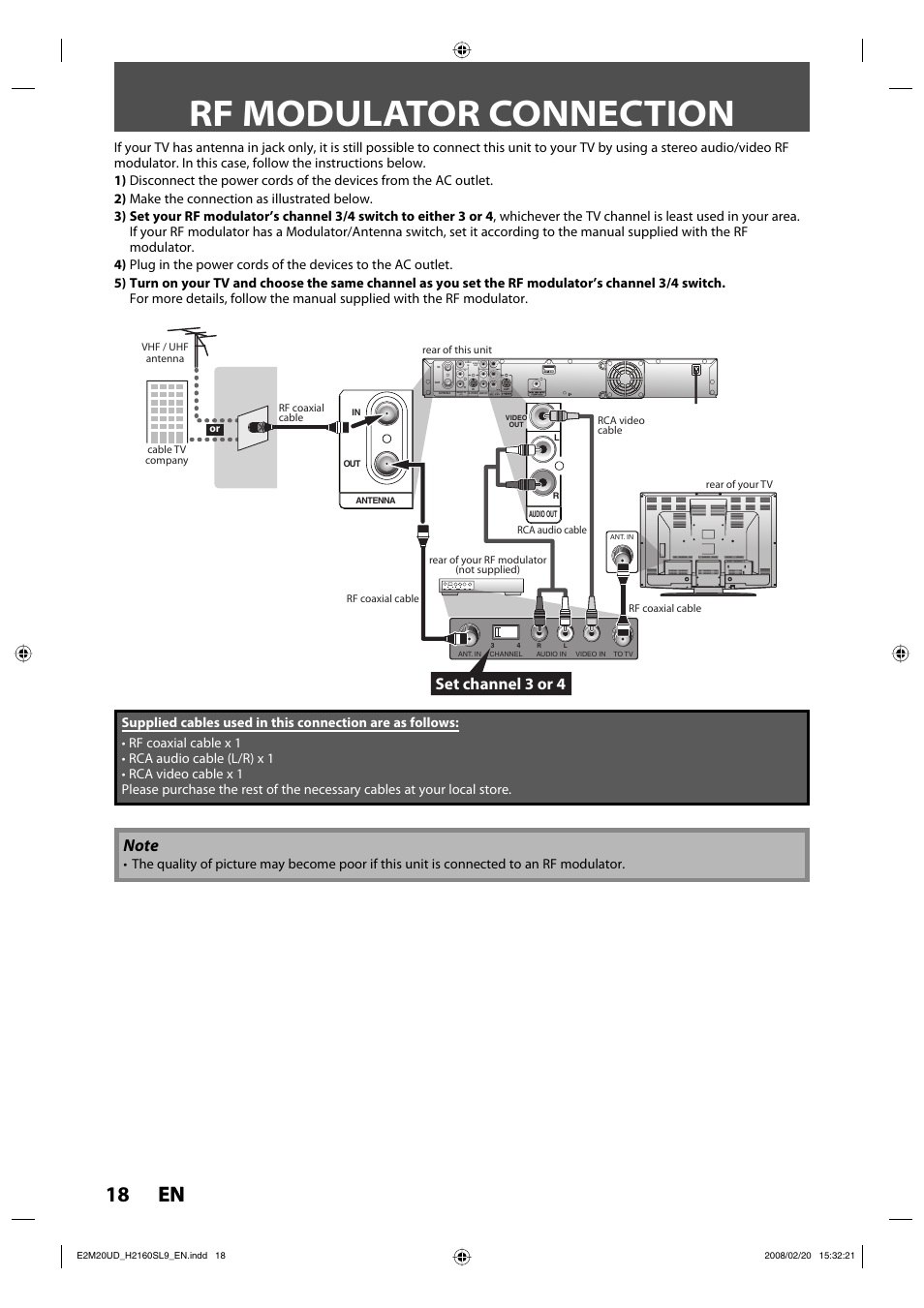 Rf modulator connection, 18 en 18 en, Set channel 3 or 4 | Sylvania H2160SL9 User Manual | Page 20 / 120