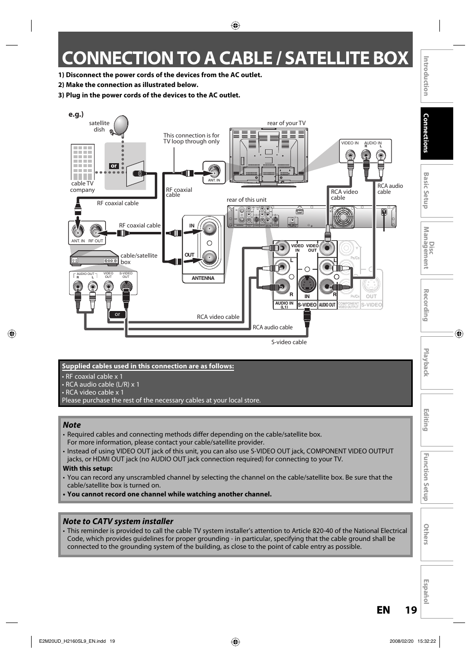 Connection to a cable / satellite box, 19 en 19 en, E.g.) | Sylvania H2160SL9 User Manual | Page 21 / 120