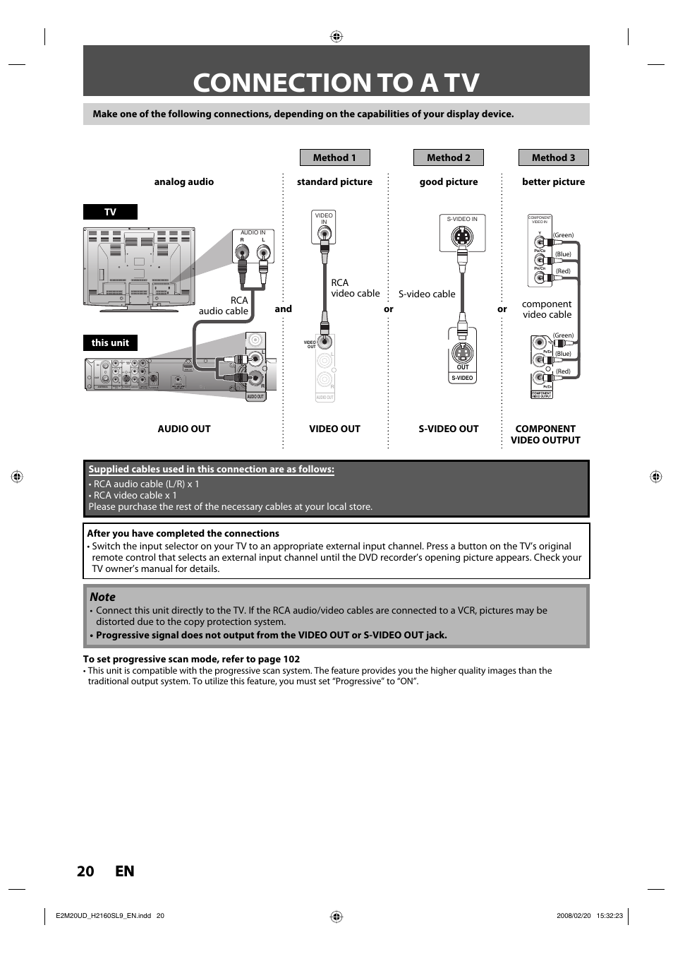 Connection to a tv, 20 en 20 en, Method 1 standard picture video out | Sylvania H2160SL9 User Manual | Page 22 / 120