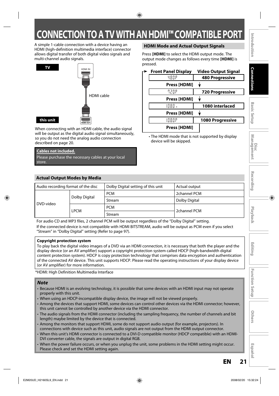 Connection to a tv with an hdmi™ compatible port, 21 en 21 en | Sylvania H2160SL9 User Manual | Page 23 / 120