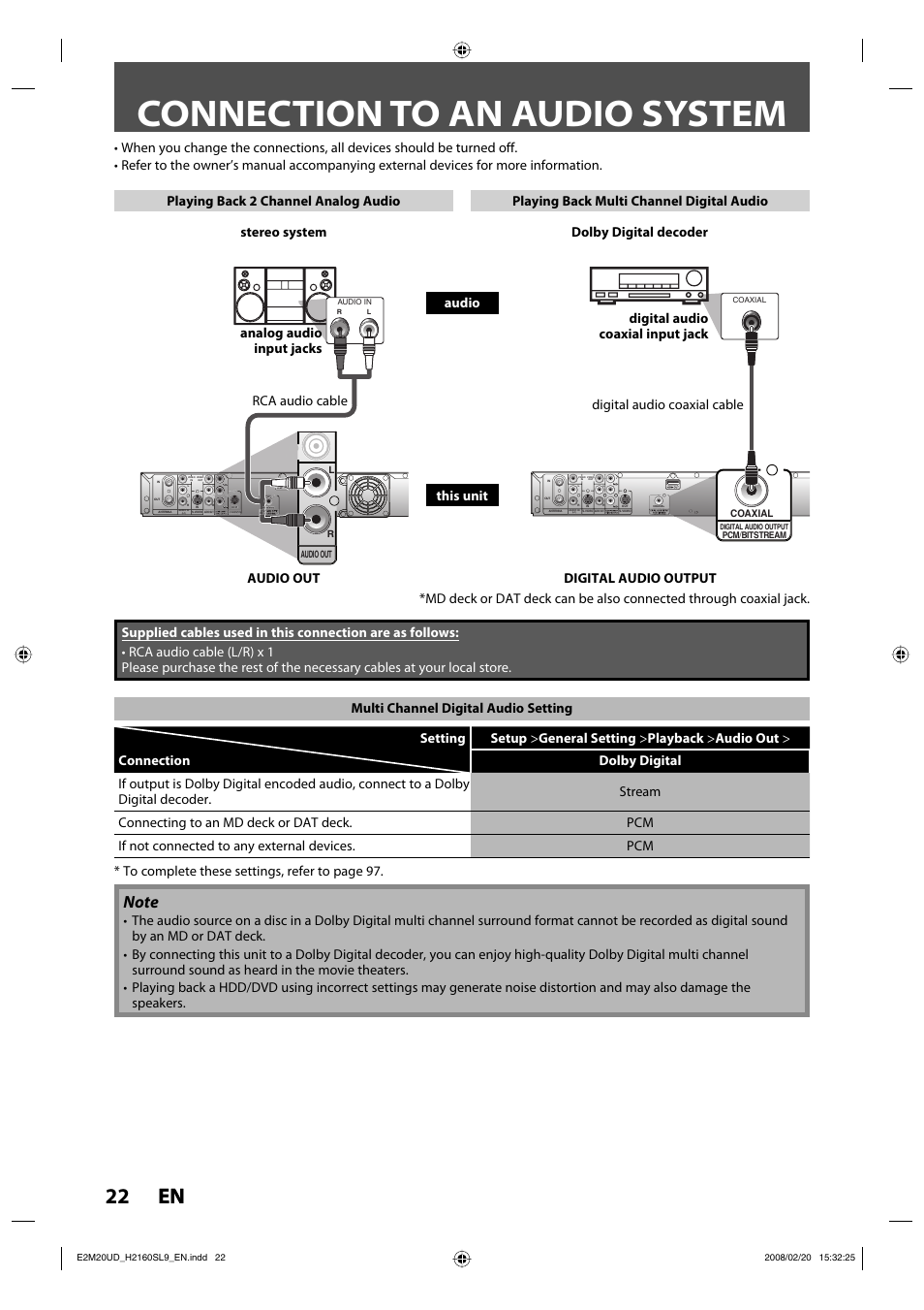 Connection to an audio system, 22 en 22 en | Sylvania H2160SL9 User Manual | Page 24 / 120