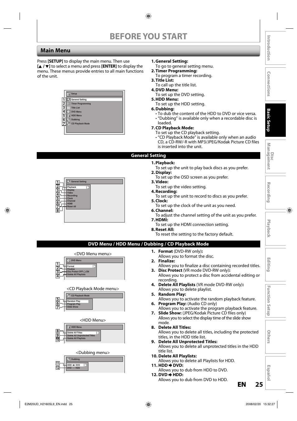 Before you start, 25 en 25 en, Main menu | Sylvania H2160SL9 User Manual | Page 27 / 120