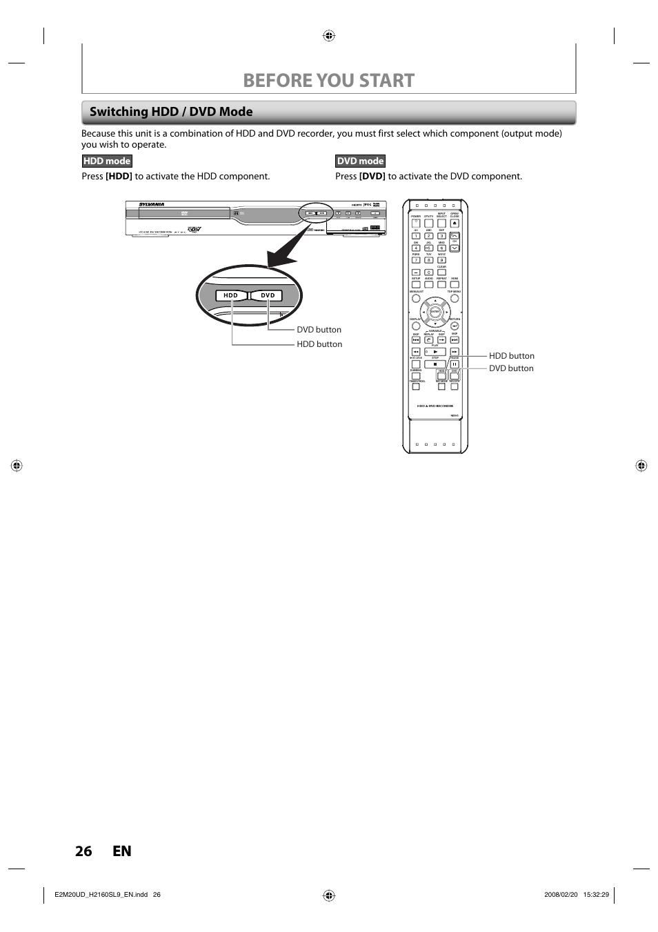 Before you start, 26 en 26 en, Switching hdd / dvd mode | Hdd button dvd button hdd button dvd button | Sylvania H2160SL9 User Manual | Page 28 / 120